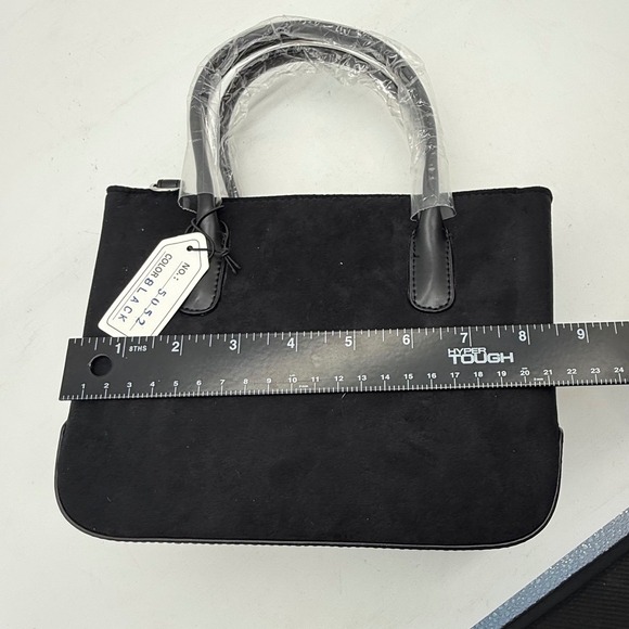 Black Faux Suede Tote Bag with Top Handles and Shoulder Strap - Picture 4 of 12